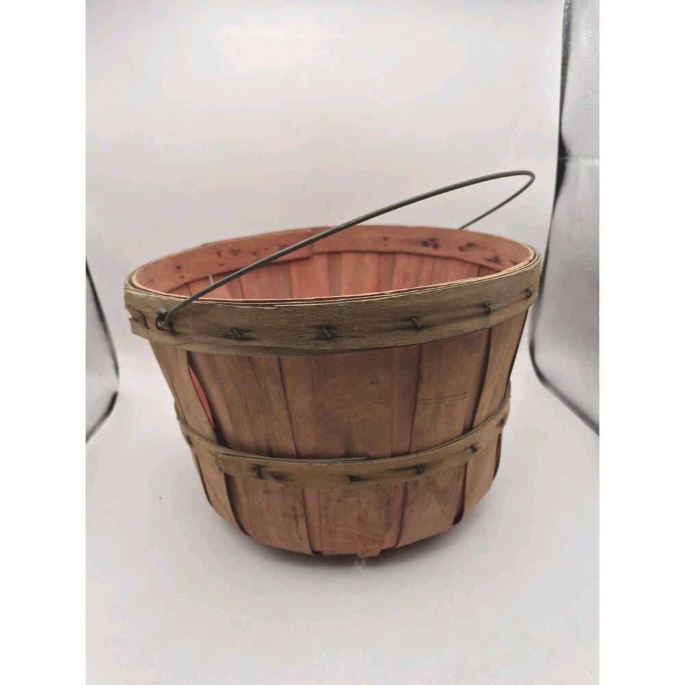 Vintage Wooden Apple Basket With Metal Handle Rustic Farmhouse Decor